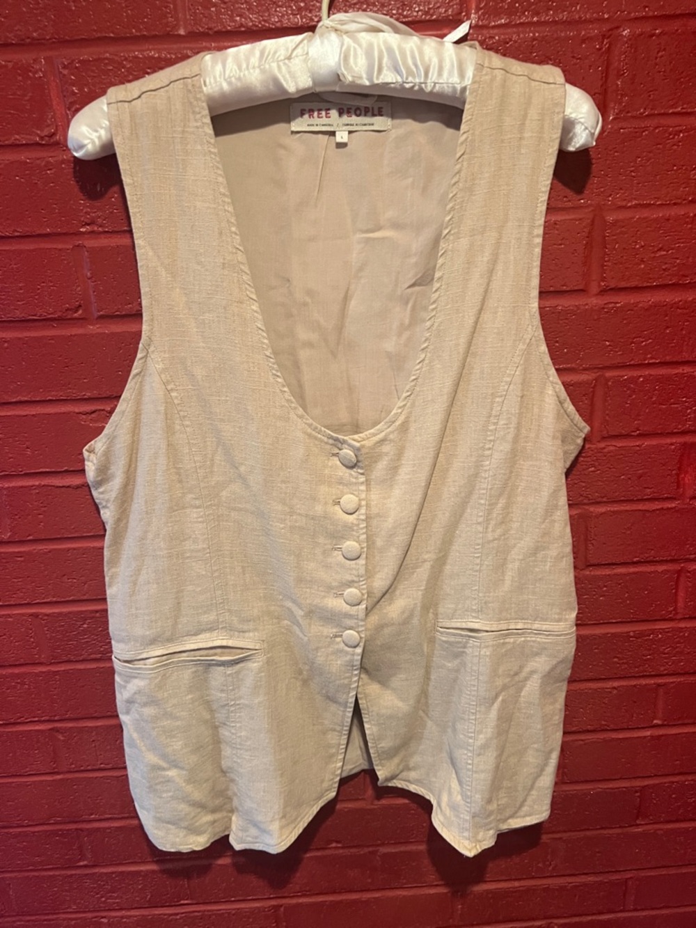 Free People Neutral Cream Linen-Texture Button Vest